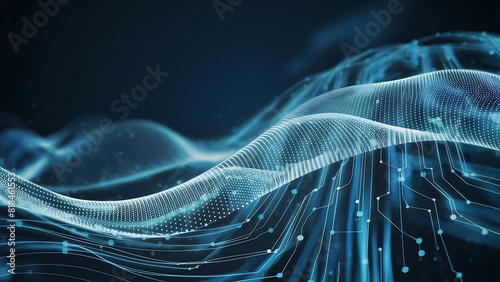 Wave of dots and weave lines. Abstract blue background for design on the topic of cyberspace, big data, metaverse, network security, data transfer on dark blue abstract cyberspace background