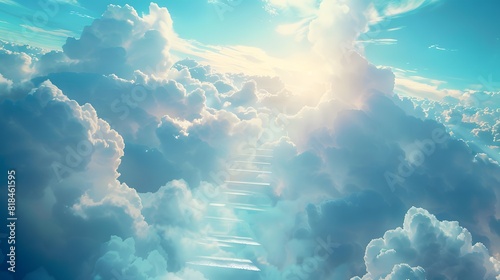 Stairs leading to heaven, with clouds and light in the sky, symbolizing eternal life and spiritual iconization.
