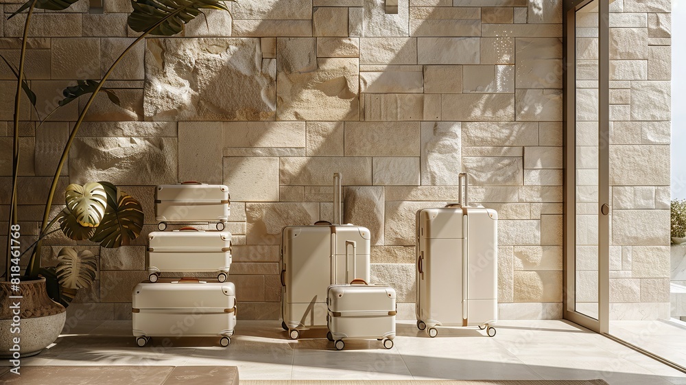 Obraz premium Soft beige tones highlight a travel cart stacked with stylish suitcases