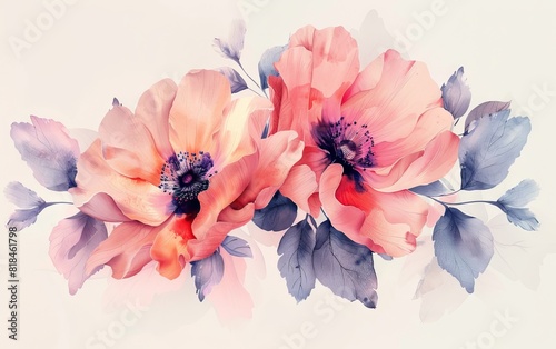 Elegant watercolor painting of pink flowers with blue leaves. Ideal for decor  invitations  and artistic designs.