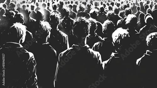 depersonalization of the masses crowd of anonymous people seen from behind black and white illustration concept photo