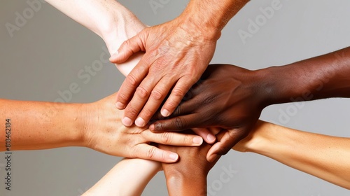 diverse hands huddled together symbolizing trust help solidarity community teamwork concept photo © furyon