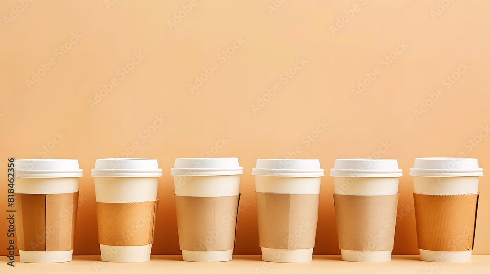 White paper coffee cups in line, neutral beige background, product photography.
White paper coffee cups in line, neutral beige background, product photography.