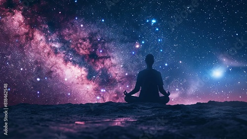 Tranquil meditation pose under a galaxy-filled night sky