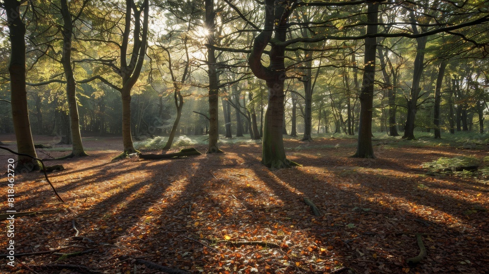 Fototapeta premium Sunlight filters through a serene forest with tall trees casting long shadows, creating a peaceful and enchanting autumn atmosphere.