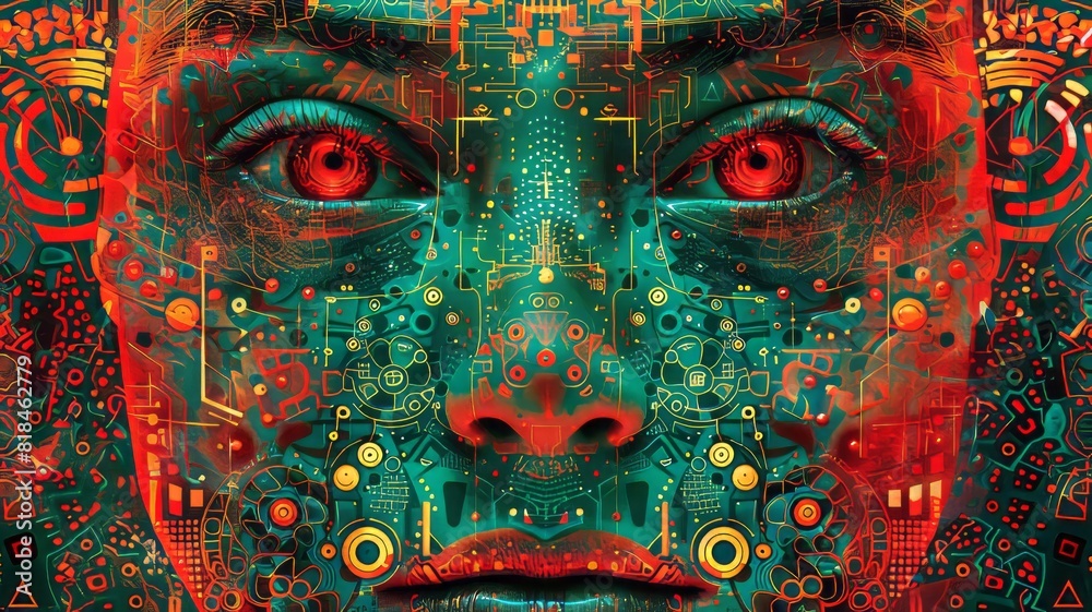 Exploring biometric scans amidst a kaleidoscope of red and turquoise digital patterns Exploring biometric scans amidst a kaleidoscope of red and turquoise digital patterns