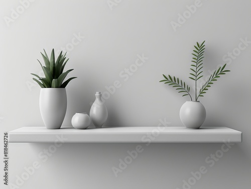 Minimalist white shelf with decorative plants and ceramic items against a light background. Perfect for home decor and interior design inspiration.