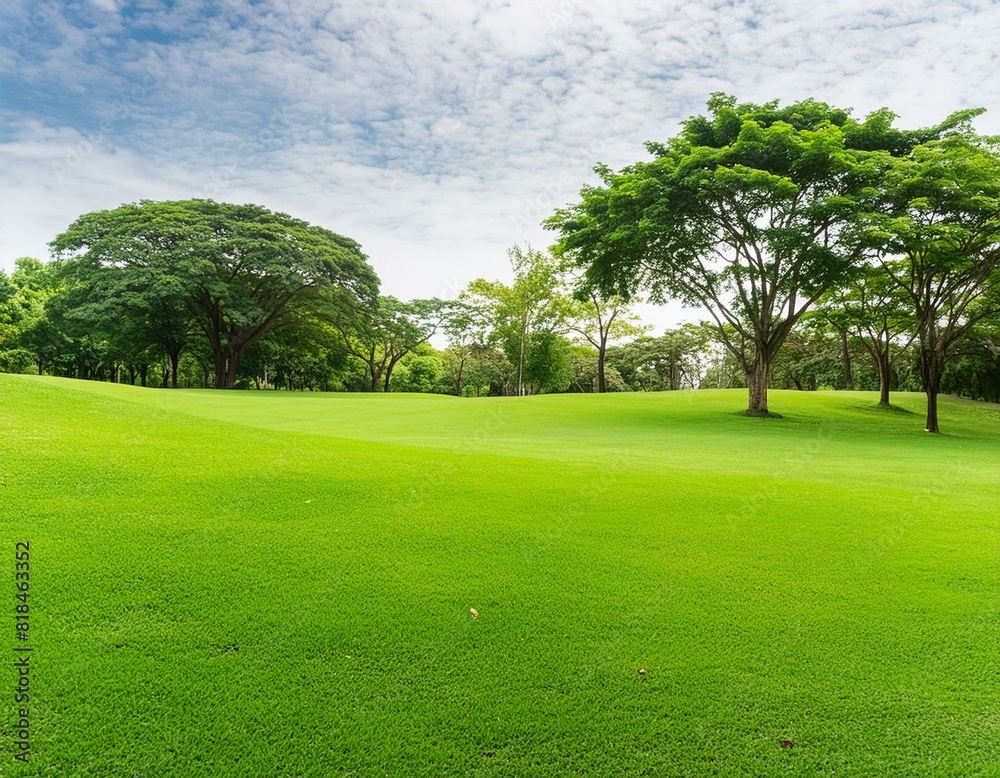 Fototapeta premium Green lawn and trees background with copyspace. Nature background concept.