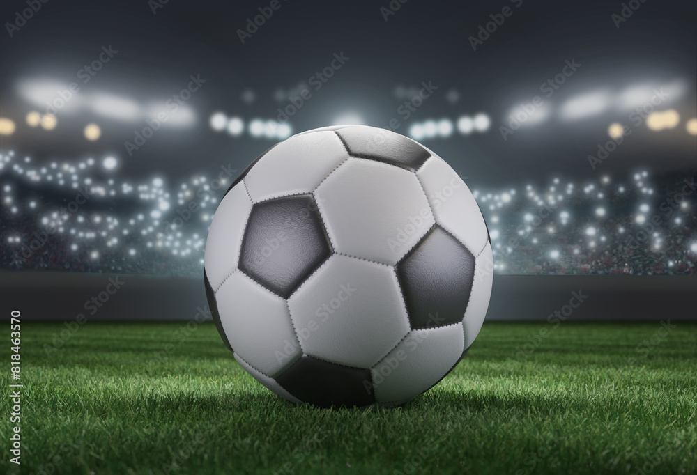 Fototapeta premium Soccer ball on a stadium blurred background. 3D image.