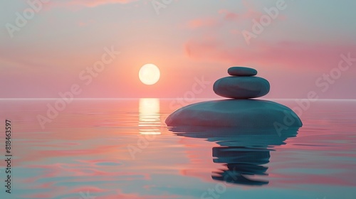 Tranquil sunset over calm water with balanced stones  evoking peace and serenity. Perfect for relaxation  meditation  and wellness themes.