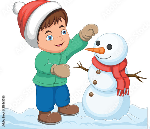 Little boy building a snowman cartoon © lawangdesign