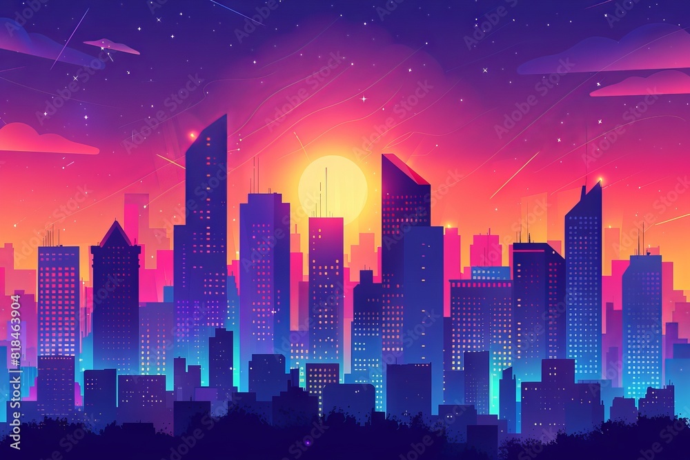 Vibrant city skyline during sunset with colorful sky, showcasing modern skyscrapers and a stunning blend of urban architecture and nature.