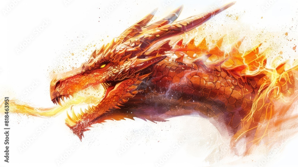 fierce dragon breathing fire mythical creature isolated on white digital painting fierce dragon breathing fire mythical creature isolated on white digital painting