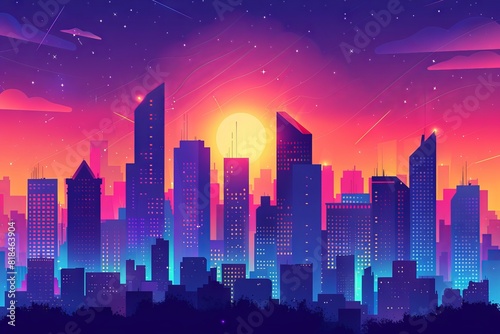 Vibrant city skyline during sunset with colorful sky, showcasing modern skyscrapers and a stunning blend of urban architecture and nature. © PTC_KICKCAT