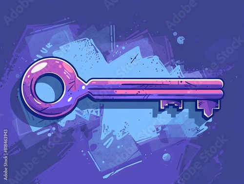 Vibrant digital illustration of a purple key against a blue abstract background, perfect for tech and security concepts.