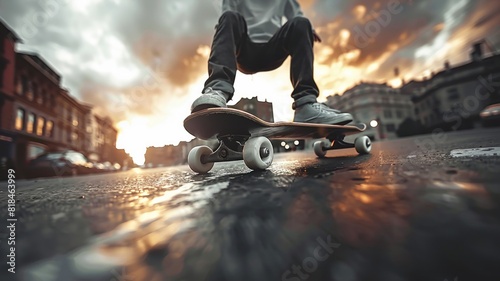 Dynamic close-up view of a skateboarder in motion on city street