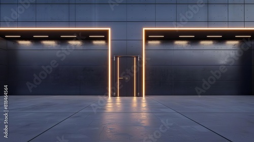 futuristic concrete garage or warehouse entrance with grey walls and led lighting industrial building exterior 3d rendering