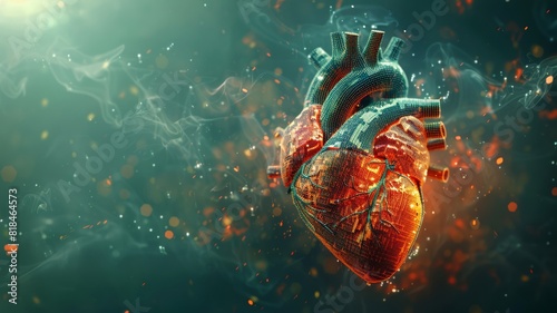 Digital art of a human heart with pixelated and 3D elements in muted tones photo