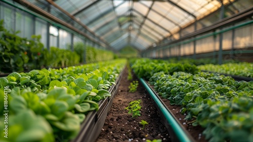 Indoor vertical farming scene with rows of lettuce under greenhouse glass ceiling