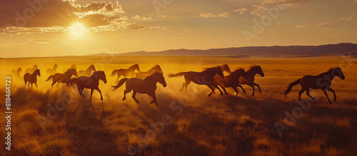 A group of horses running across an open field at sunset, creating a scene of wild freedom with golden light and dust