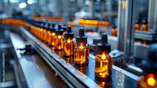 Automated production line with amber glass bottles for pharmaceutical use. Precision manufacturing process in a modern facility.
