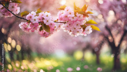 Pink cherry trees in full bloom, symbolizing renewal and freshness in a lush garden backdrop