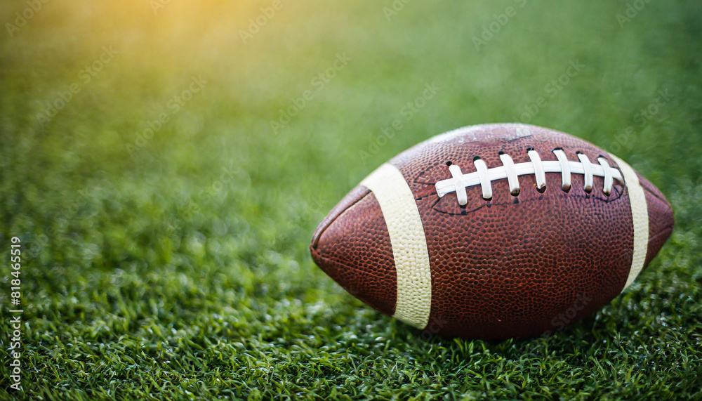 Brown American football on green turf, symbolic of sports, competition, teamwork, and victory. Blank caption space Brown American football on green turf, symbolic of sports, competition, teamwork, and victory. Blank caption space