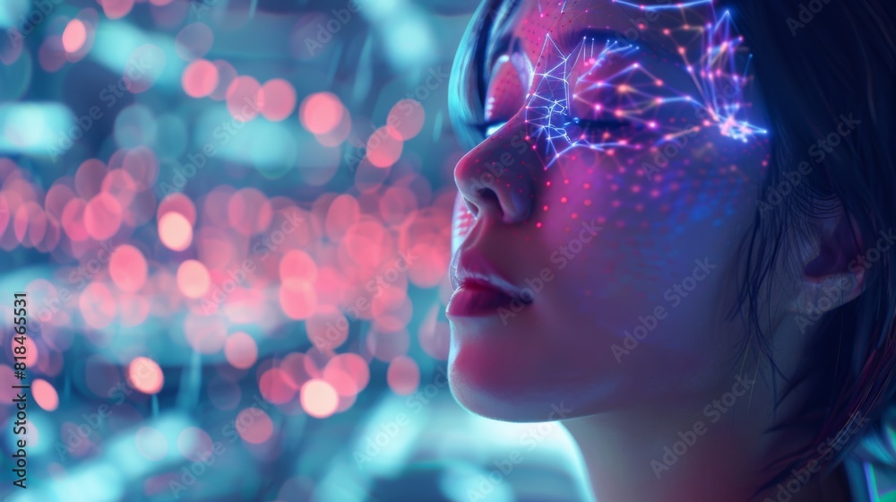 A futuristic portrayal of a woman's face with glowing circuit-like patterns, blending technology and human features in a vibrant, ethereal setting. A futuristic portrayal of a woman's face with glowing circuit-like patterns, blending technology and human features in a vibrant, ethereal setting.