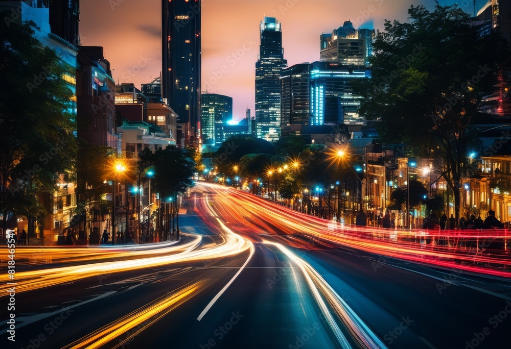 Naklejka premium illustration, dynamic urban street time lapse, city, movement, traffic, pedestrians, cars, buildings, lights, bustling, cityscape, motion, modern, rush
