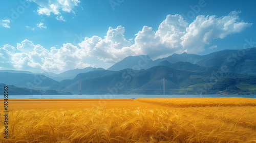 A scenic landscape with a calm lake reflecting the vast blue sky
 photo