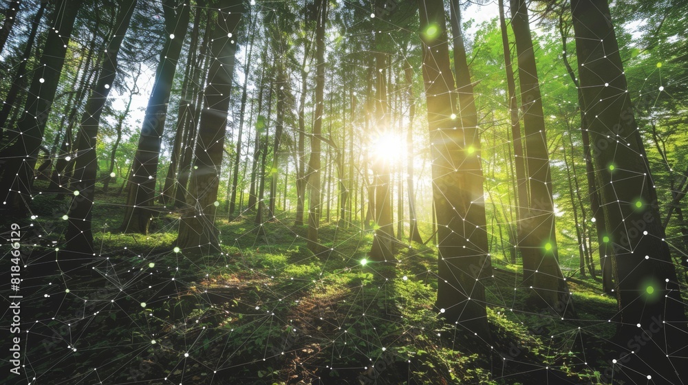 Fototapeta premium Sunlight filters through a lush green forest, integrating with a digital network overlay, symbolizing the connection between nature and technology.