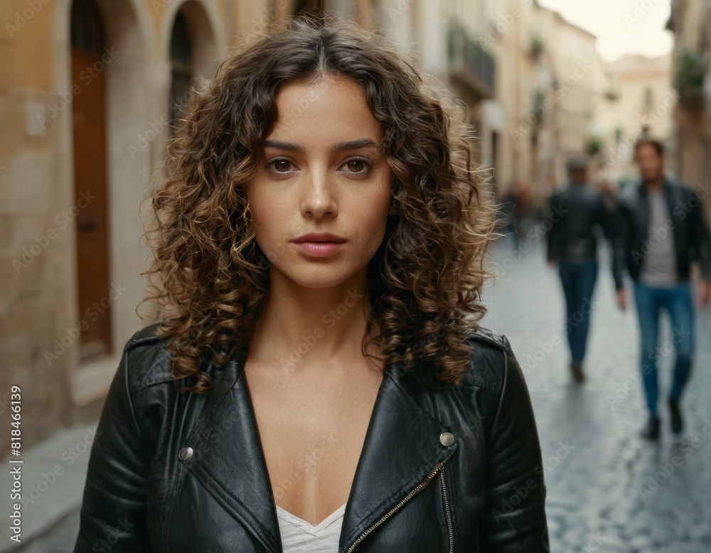 A woman with curly hair is standing on a street with a leather jacket on