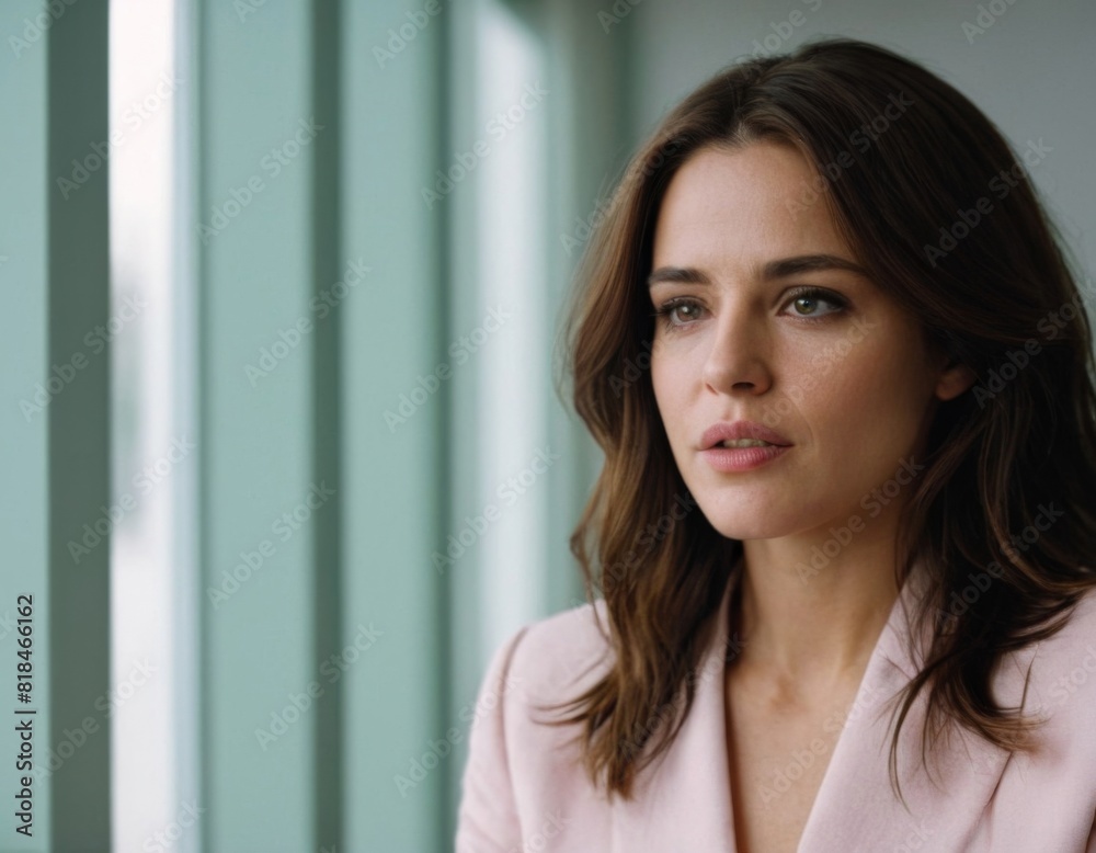 A woman with long brown hair and a pink jacket is looking out the window