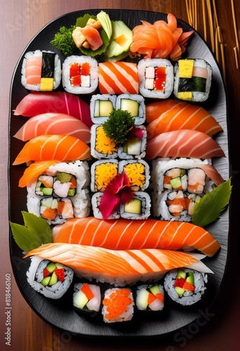 assorted sushi rolls platter artful arrangement garnish, assortment, display, presentation, variety, selection, decorative, layout, embellishment, design