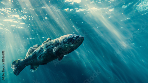 A Coelacanth fish swimming in the clear blue sea background  Ai generated Images