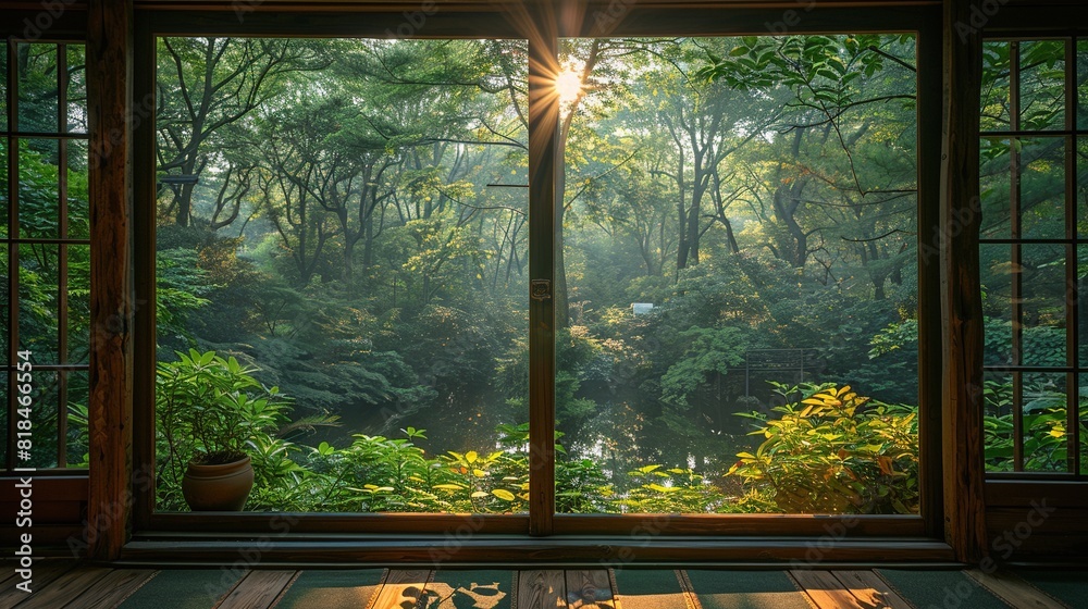 Window offers an amazing view of the forest with serene beauty beyond. Serene, calm aesthetic atmosphere. Generative AI Window offers an amazing view of the forest with serene beauty beyond. Serene, calm aesthetic atmosphere. Generative AI