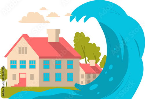 Large tsunami waves crash into coastal homes, natural disaster warning sign illustration