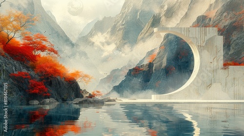 Abstract art mountains by the lake. Illustration