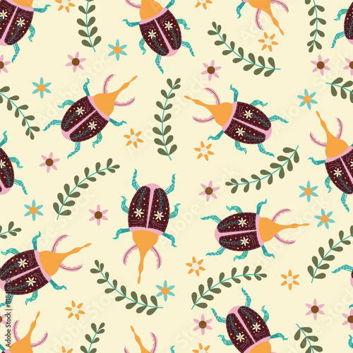 Beetle seamless pattern in flat vector