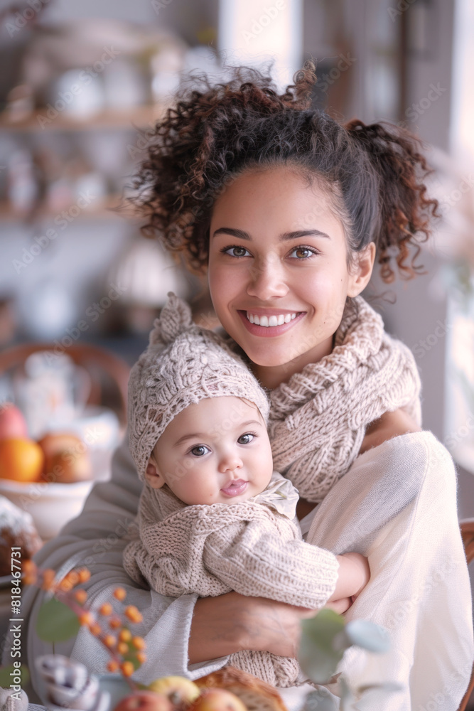 Fototapeta premium A happy Afro mother holding her baby in her arms at healthy dining room