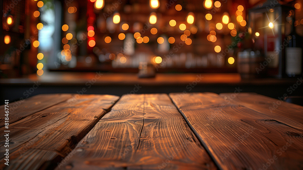 Wooden table with background lights in a rustic summer setting
