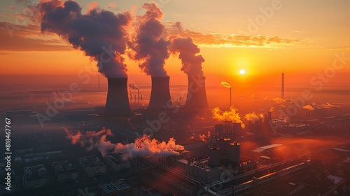 Industrial scene at sunrise showcasing smoking factory chimneys, highlighting pollution and energy production against a colorful sky. photo