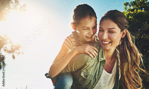 Mother, girl and nature for piggy back with happiness, bonding on vacation in Australia. Female person, child and smile for learning or development in garden, cheerful in countryside with sunshine