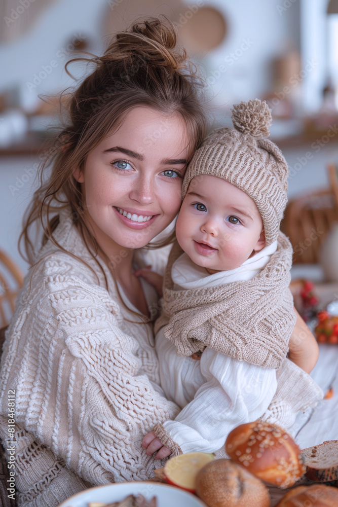 Obraz premium A happy Australian mother holding her baby in her arms at healthy dining room