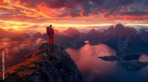 A hiker stands on a mountain peak during a breathtaking sunset, overlooking a serene lake surrounded by rugged mountains. © kittikunfoto