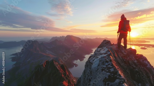 A hiker with trekking poles enjoys a breathtaking sunset view atop a mountain peak, overlooking rugged terrain and vast waters.