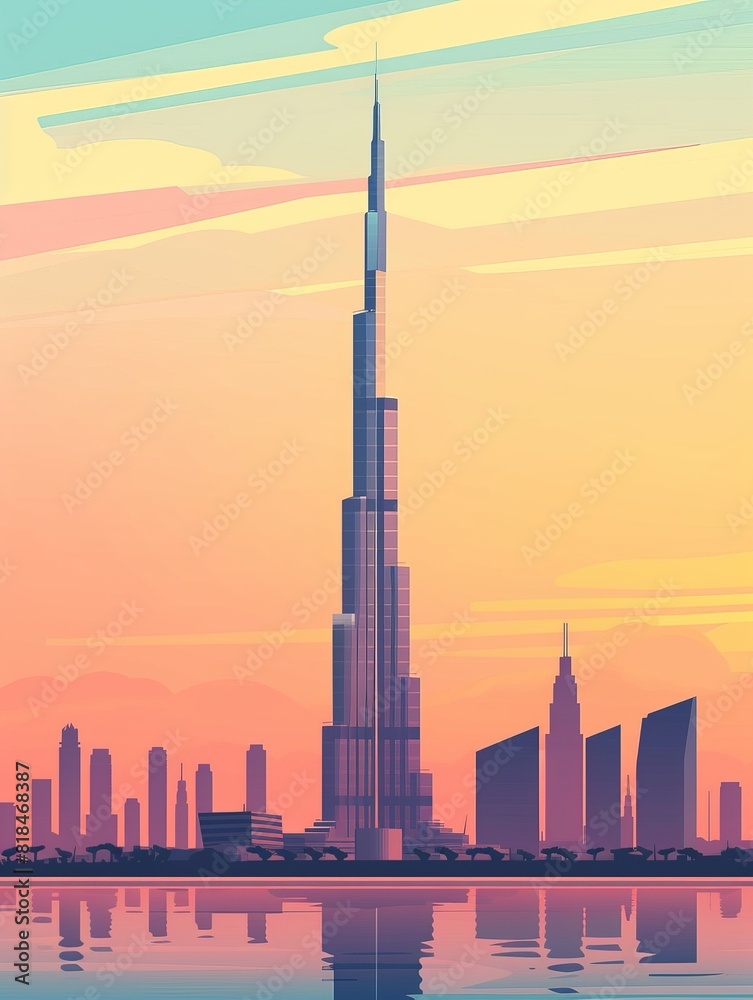 Obraz premium Exploring the Dubai Skyline with Burj Khalifa in Mesmerizing Flat Design