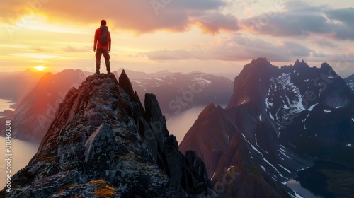 A hiker stands on a cliff edge, admiring a breathtaking mountain landscape at sunset, capturing the beauty of nature. photo