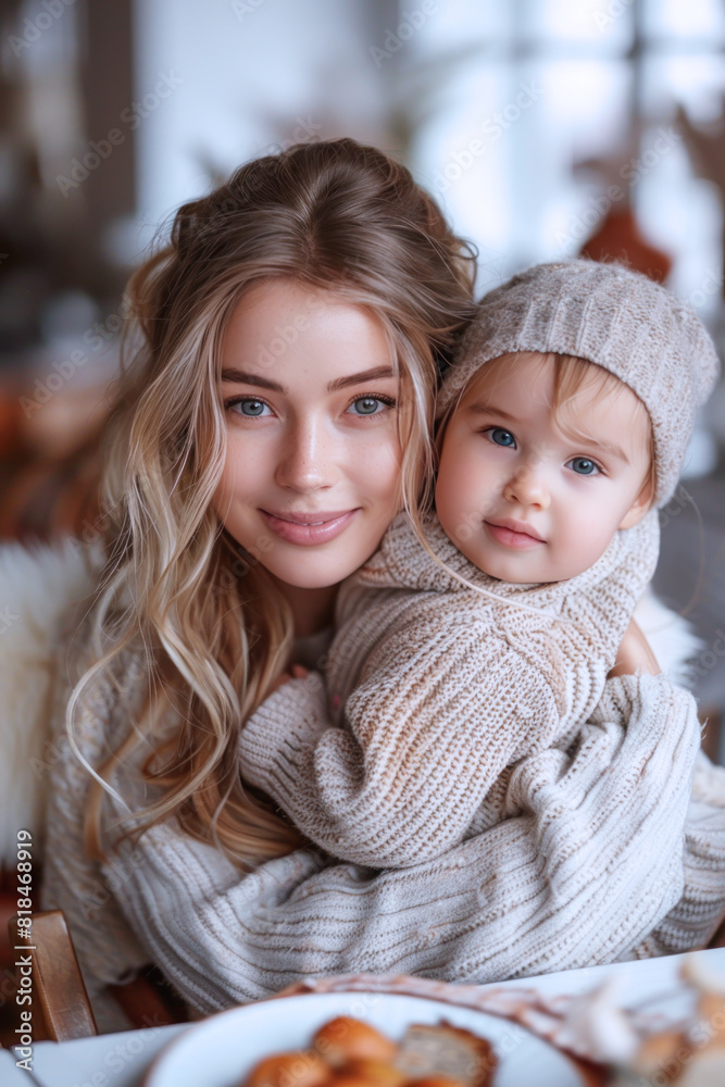 Obraz premium A happy German mother holding her baby in her arms at healthy dining room