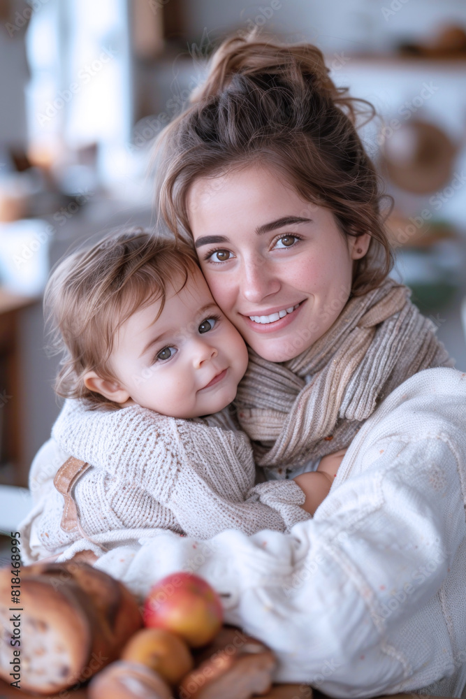 A happy German mother holding her baby in her arms at healthy dining room A happy German mother holding her baby in her arms at healthy dining room